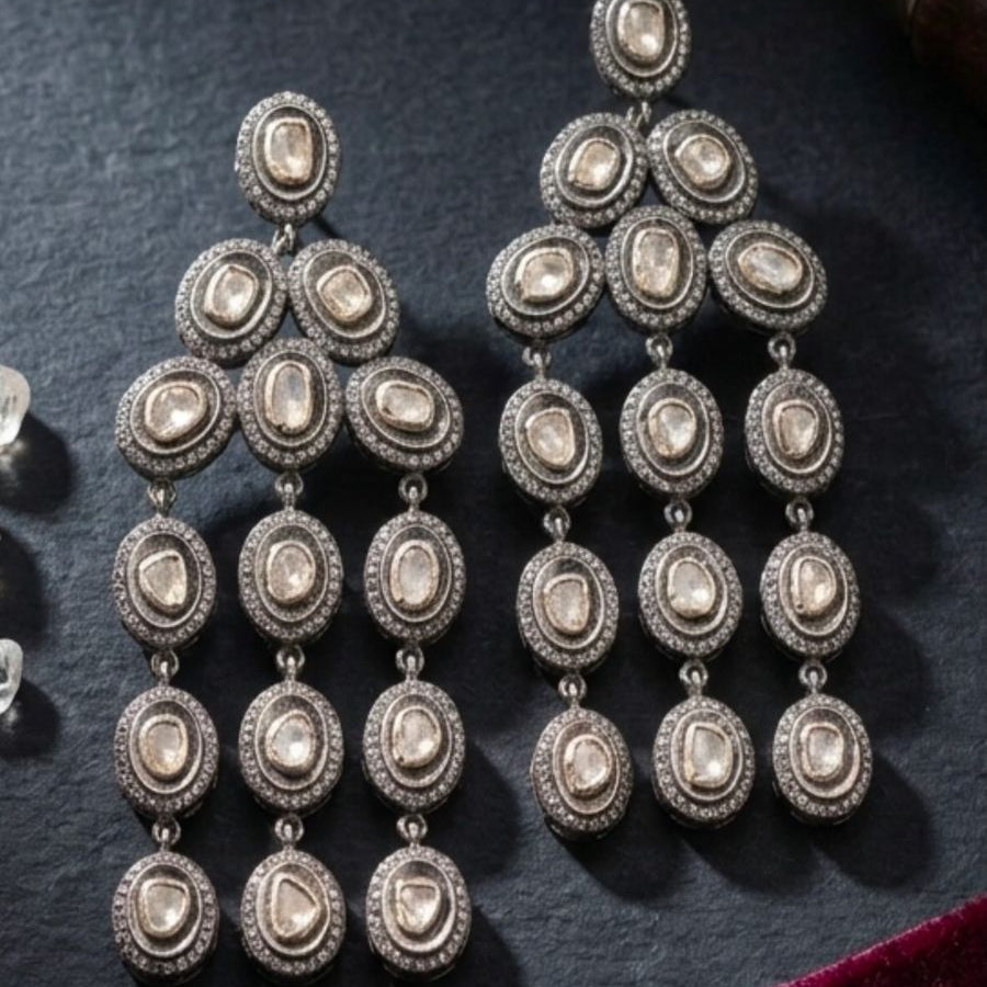 Royal Mughal Victorian Polki Diamond Ear Danglers | Handcrafted 925 Sterling Silver | 6ct Natural Diamonds