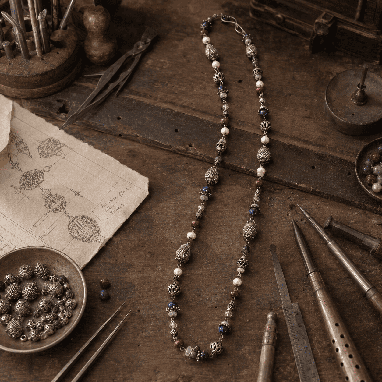 Elegant artisan silver necklace combining pearls ruby lapis lazuli and aquamarine in a timeless design