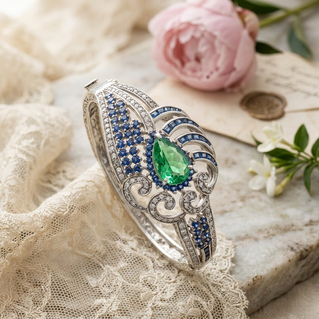 Handmade Sterling Silver Bangle with Fluorite, Blue Sapphires & Diamonds