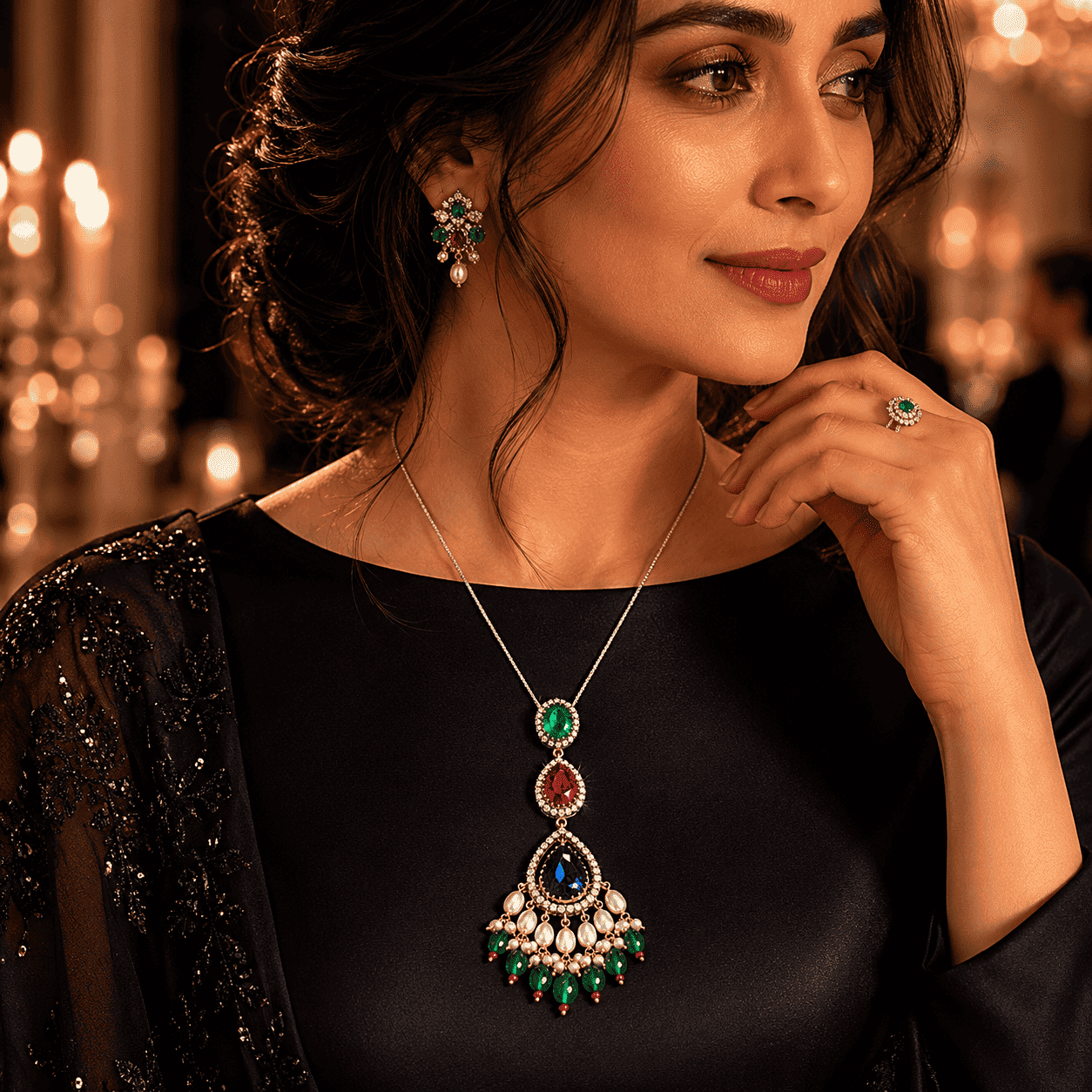 Elegant woman wearing handcrafted Sterling Silver 925 Victorian gemstone pendant with pearls and diamonds