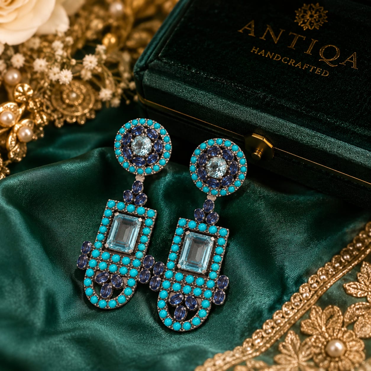Turquoise, Aquamarine & Kyanite Dangle Earrings in Sterling Silver