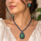 Handcrafted Green Beryl Leaf Carved Pendant & Earrings Set in 925 Sterling Silver with Kyanite & Natural Diamond Accents | Antiqa Handcrafted