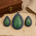 Handcrafted Green Beryl Leaf Carved Pendant & Earrings Set in 925 Sterling Silver with Kyanite & Natural Diamond Accents | Antiqa Handcrafted