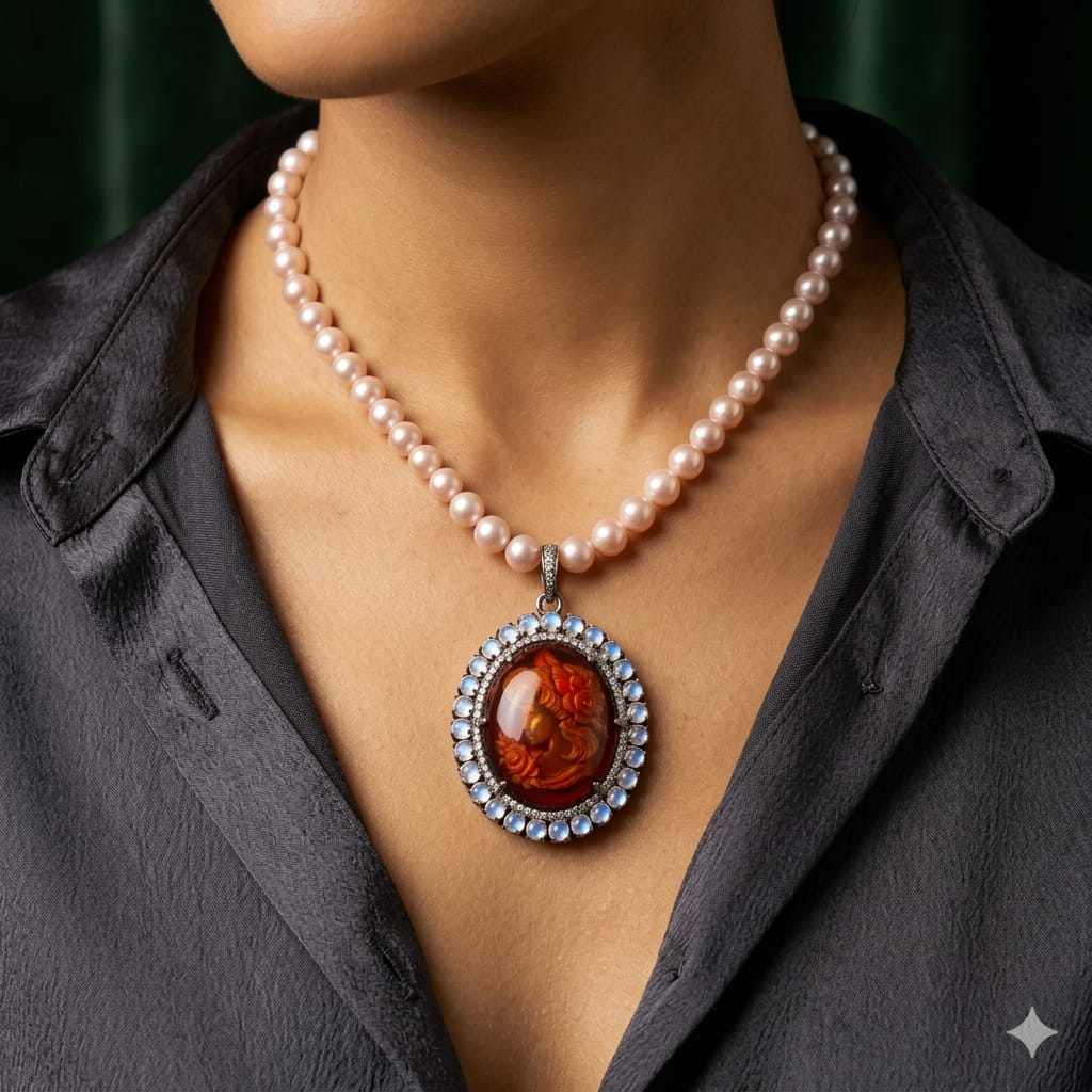 Handcrafted pendant with carved baltic amber and rainbow moonstone