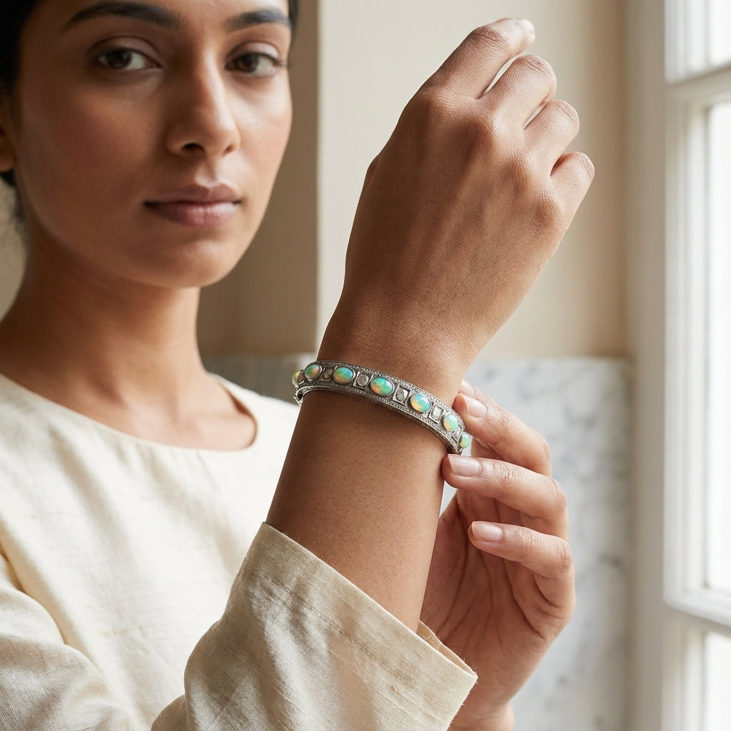 Handcrafted sterling silver bracelet with Opal, Polki and Diamonds by Antiqa Handcrafted