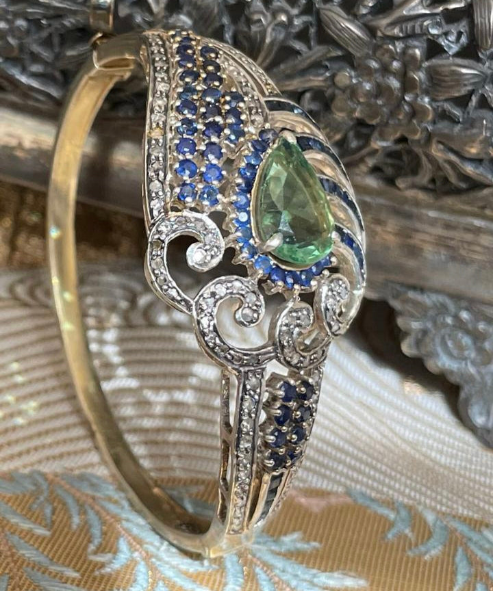 Handcrafted Fluorite & Blue Sapphire Sterling Silver Diamond Bangle Bracelet