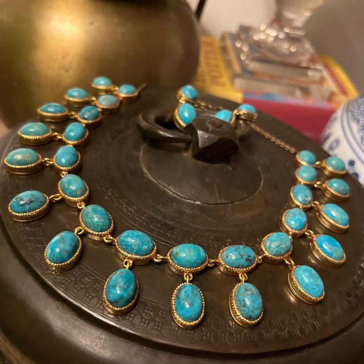 Elegant Persian Turquoise Necklace and Earring Set - Luxurious Gold Statement Jewelry for Women
