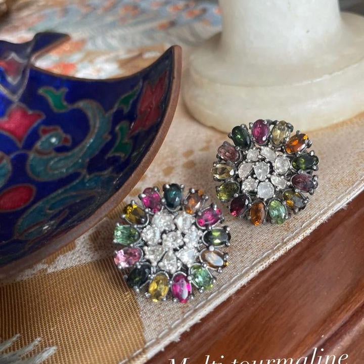 Vibrant Multi Tourmaline and Polki Cluster Earrings - Statement Jewelry for Women