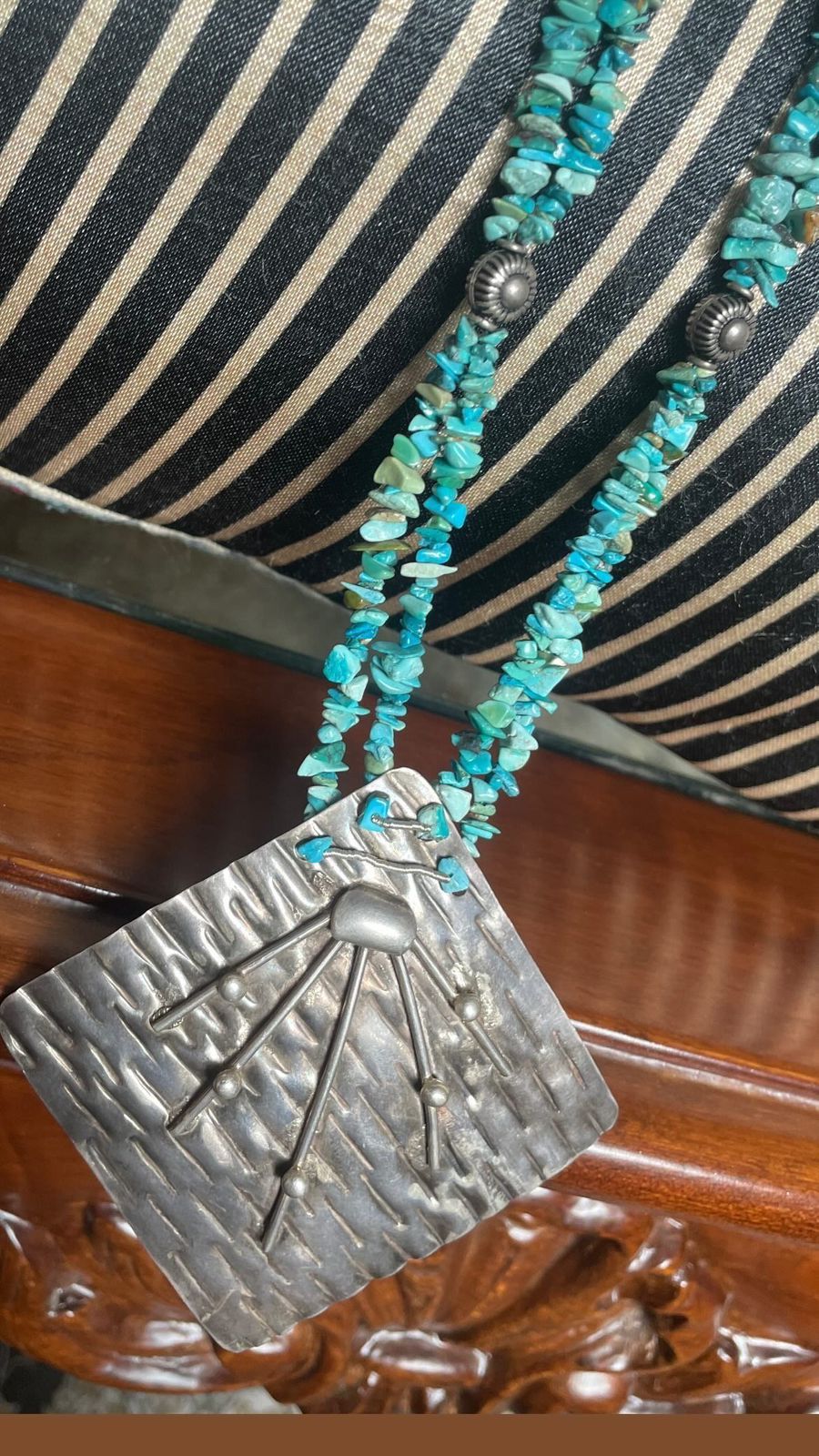 Handcrafted Persian Turquoise Beaded Necklace with Antique-Style Silver Pendant