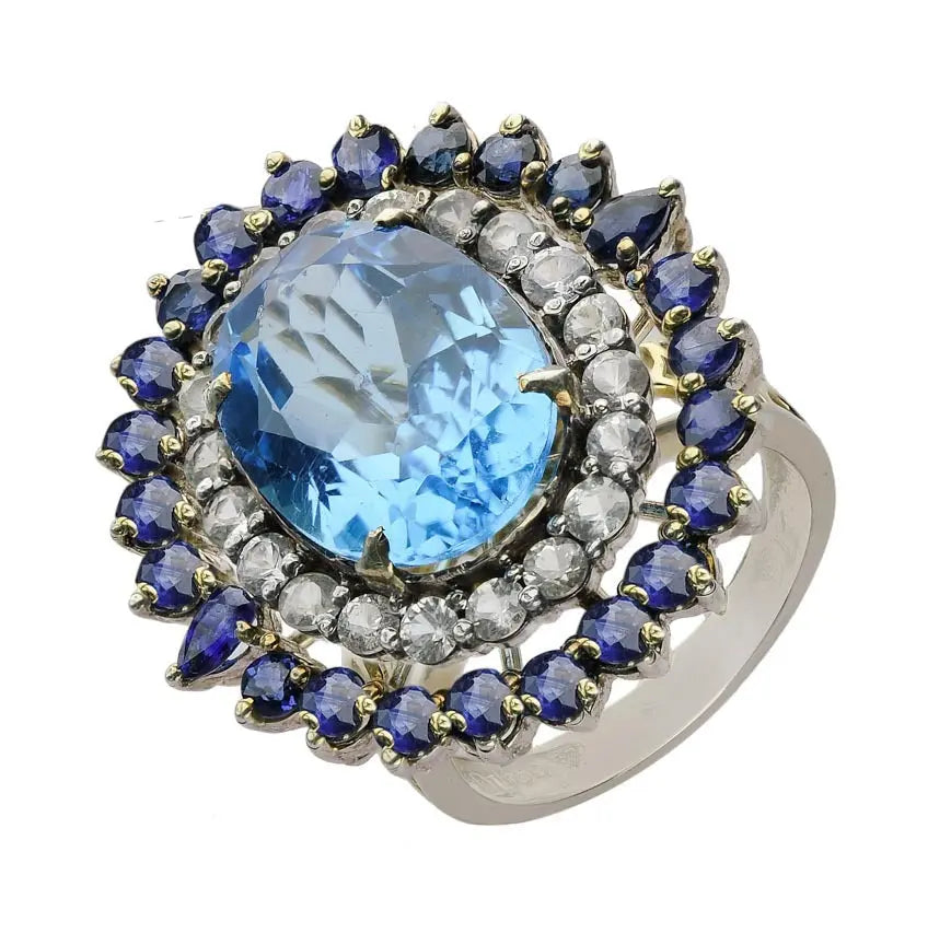 Exquisite Blue Topaz Ring with Sapphire and Diamond Halo