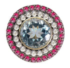 Vintage-Inspired Blue Topaz, Ruby & Diamond Halo Ring – Timeless Elegance
