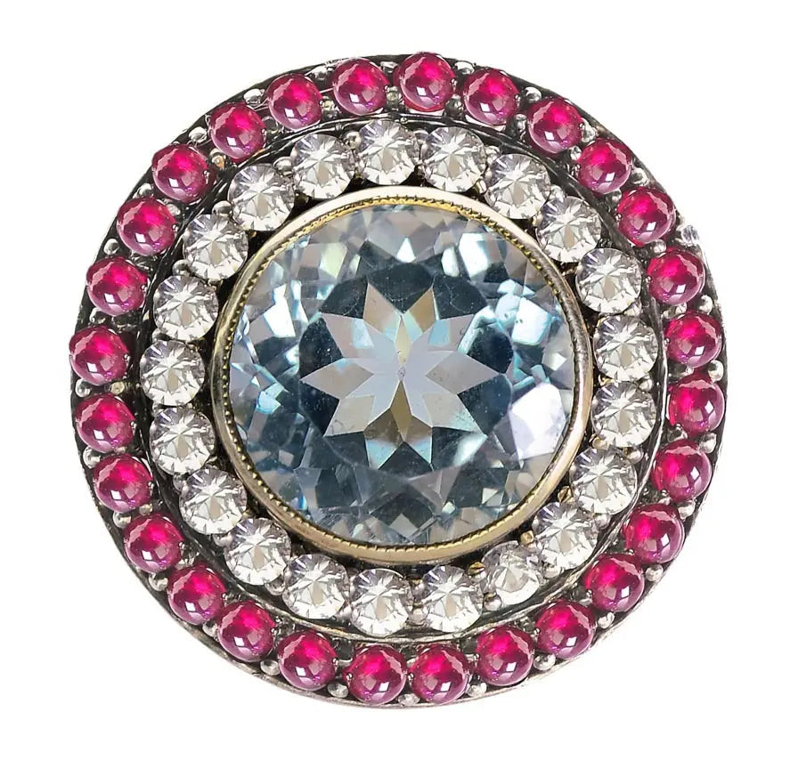 Vintage-Inspired Blue Topaz, Ruby & Diamond Halo Ring – Timeless Elegance