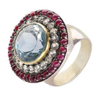 Vintage-Inspired Blue Topaz, Ruby & Diamond Halo Ring – Timeless Elegance