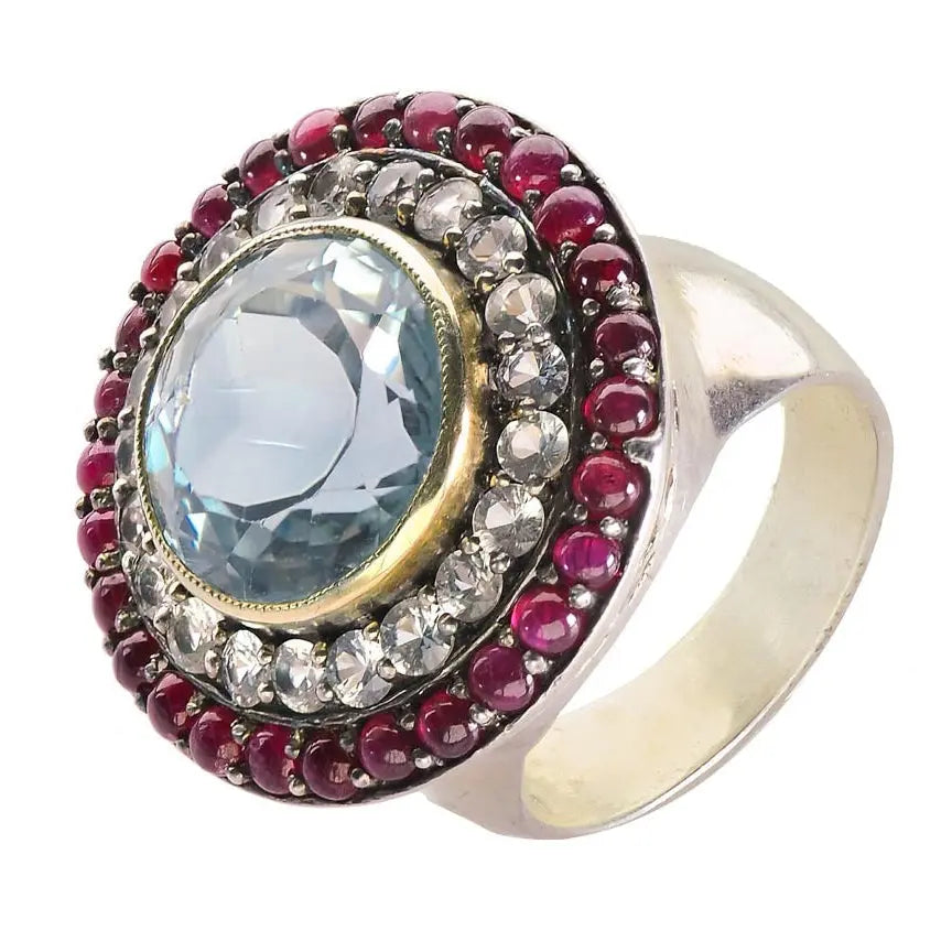 Vintage-Inspired Blue Topaz, Ruby & Diamond Halo Ring – Timeless Elegance
