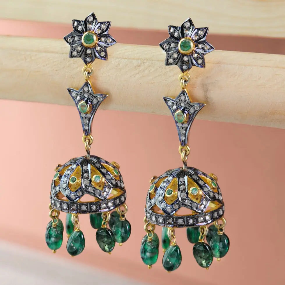 Majestic Charm – Handmade Emerald & Diamond Jhumka Earrings