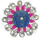 Exquisite Handcrafted Floral Brooch with Carved Blue Sapphire, Ruby, and Diamonds