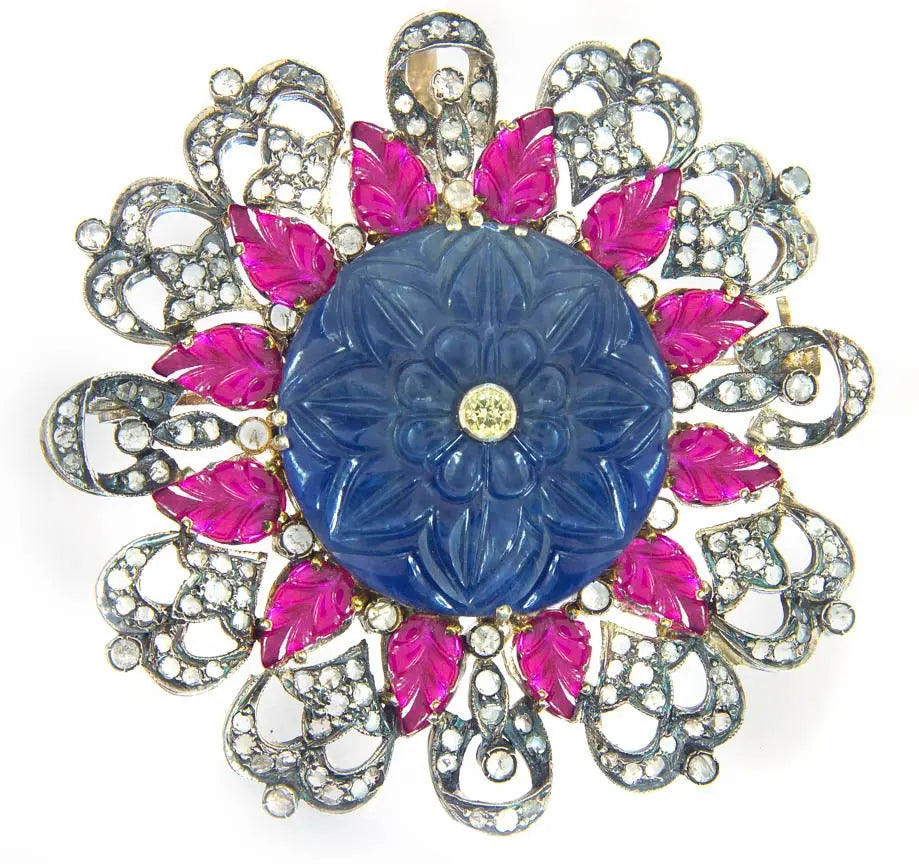 Exquisite Handcrafted Floral Brooch with Carved Blue Sapphire, Ruby, and Diamonds