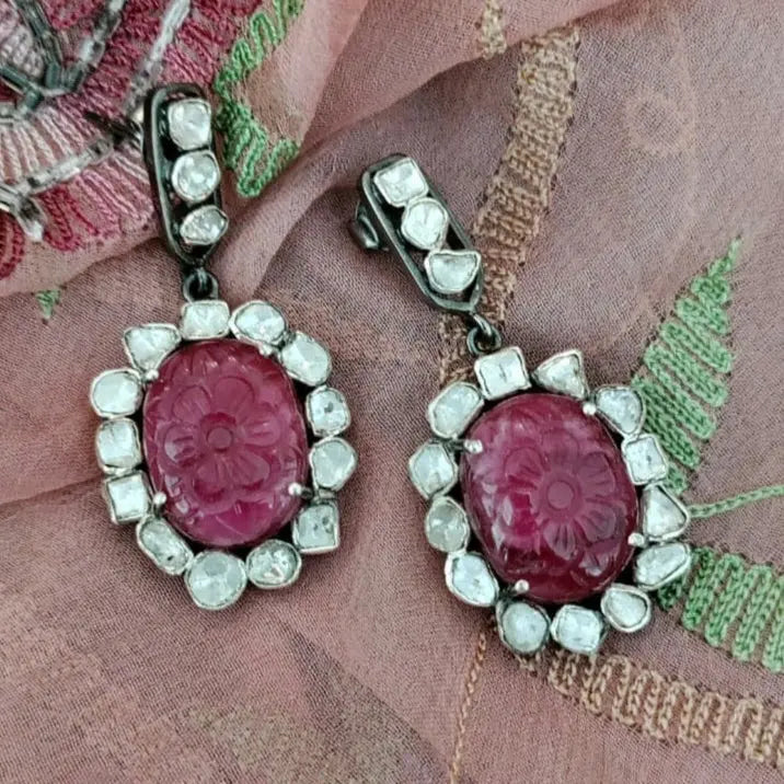 Handcrafted Floral Carved Ruby Earrings with Polki Diamonds