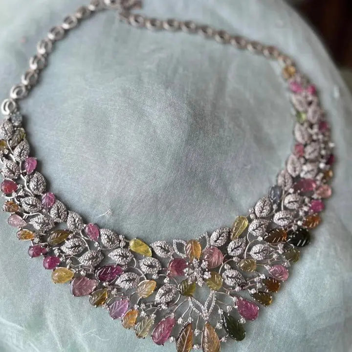 Handmade Necklace with Carved Multicolor Tourmaline & Diamond Accents