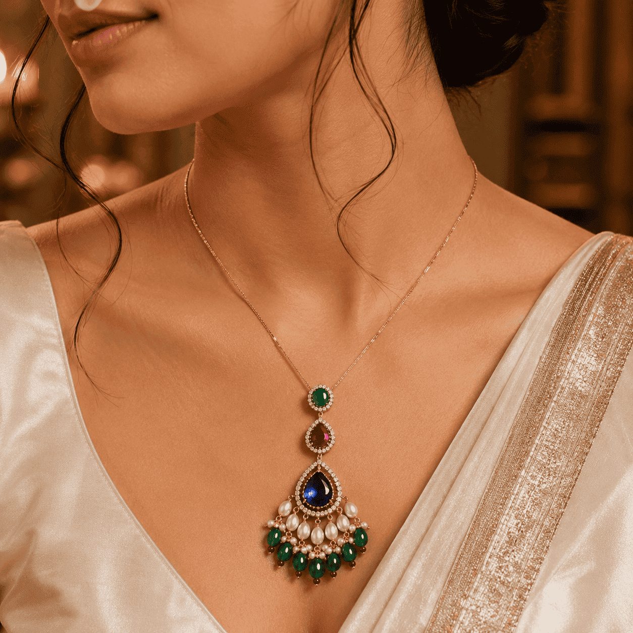 Victorian Blue Sapphire & Emerald Sterling Silver Pendant Necklace