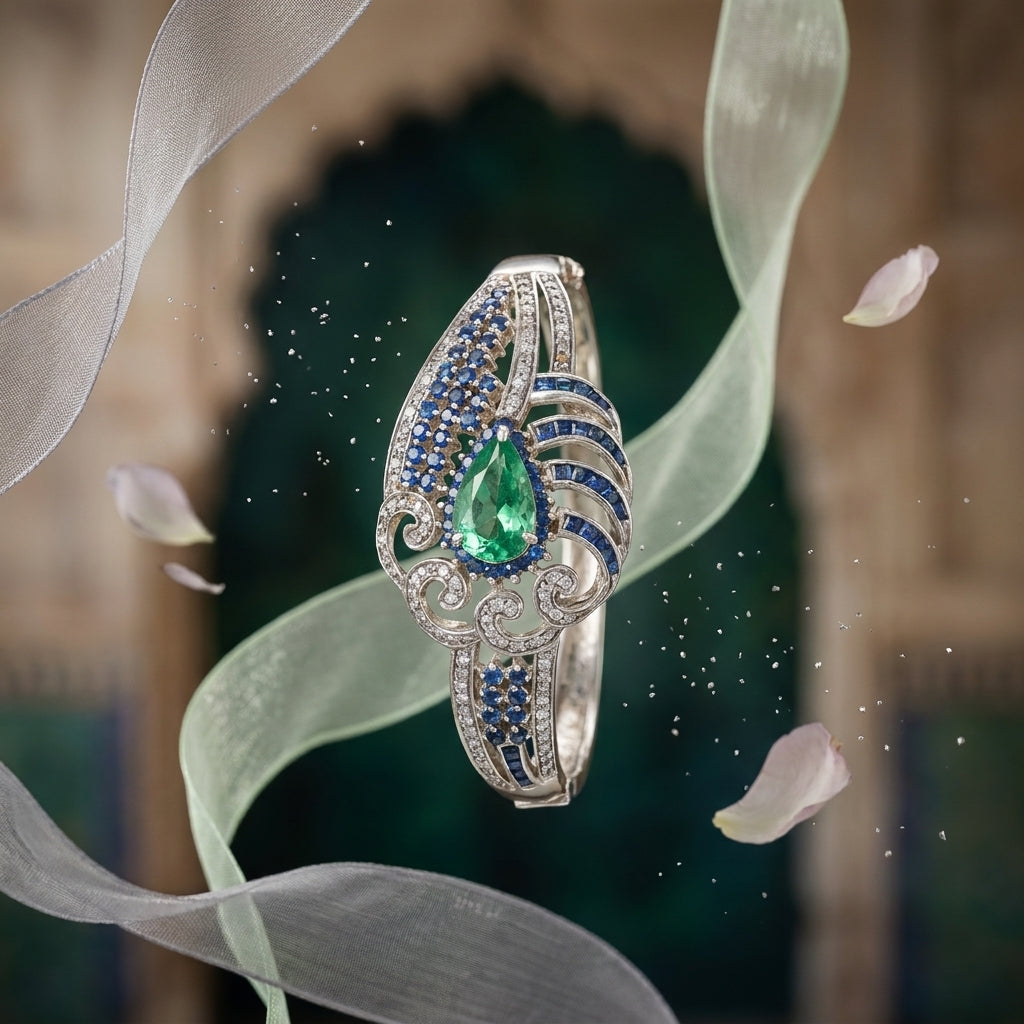 Luxury handcrafted bangle with fluorite blue sapphires and diamonds