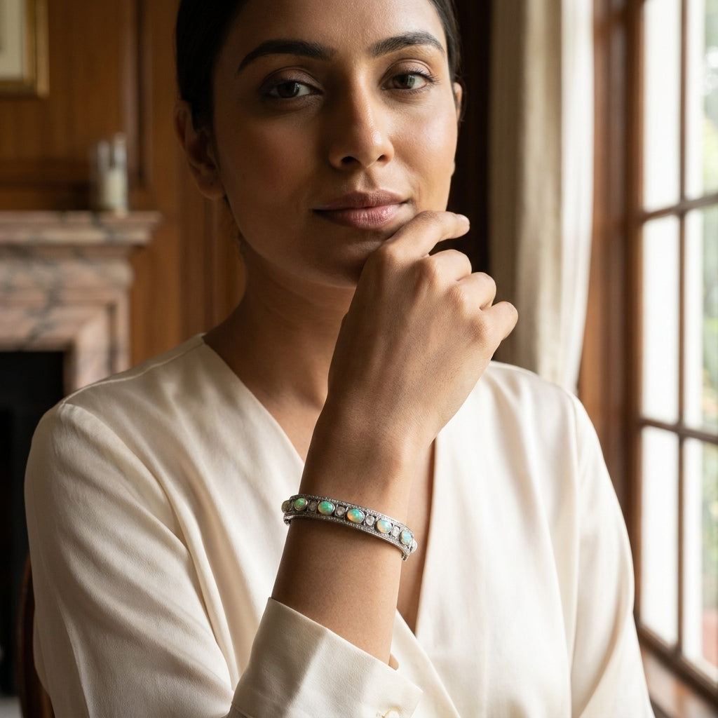 Luxury handcrafted bracelet featuring natural Opal and Polki in sterling silver
