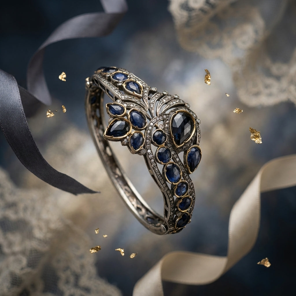 Luxury sapphire and diamond bangle handcrafted in silver