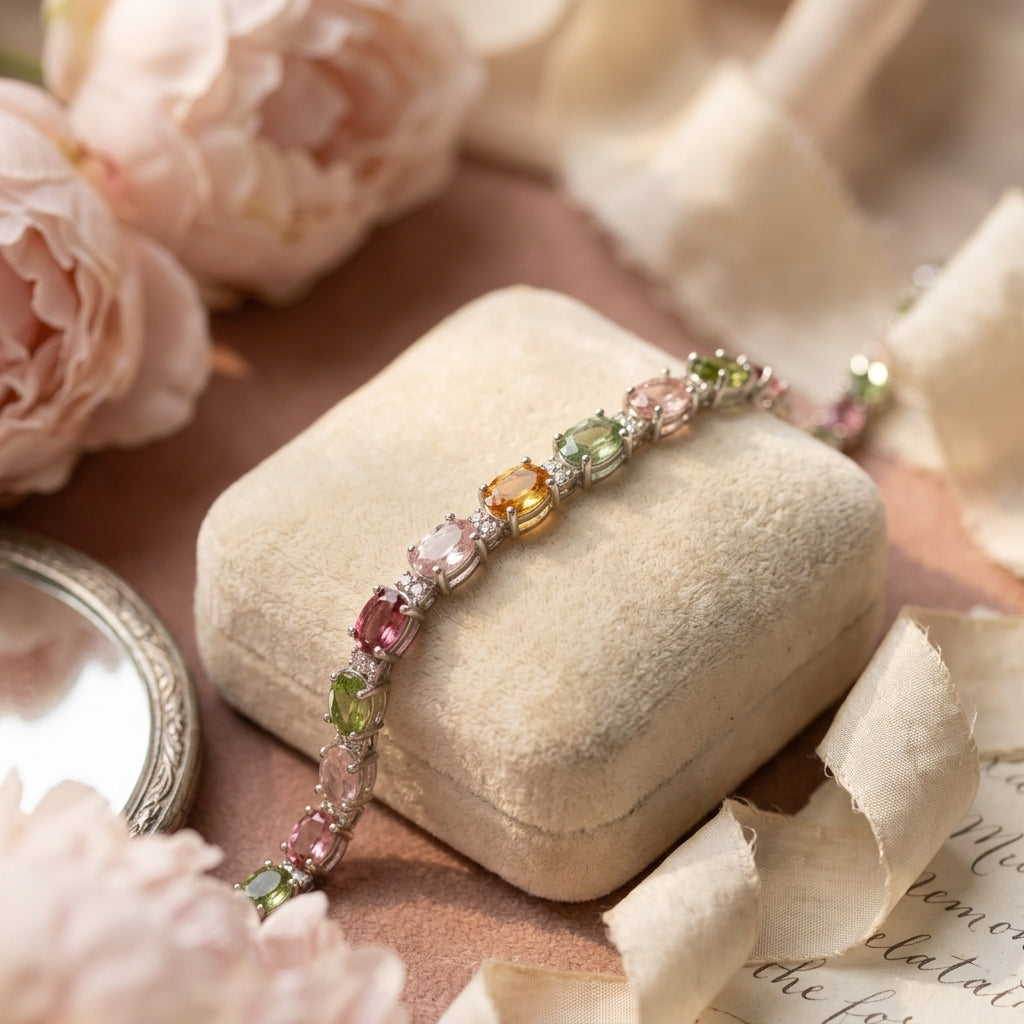 Luxury tourmaline and diamond bracelet in polished sterling silver