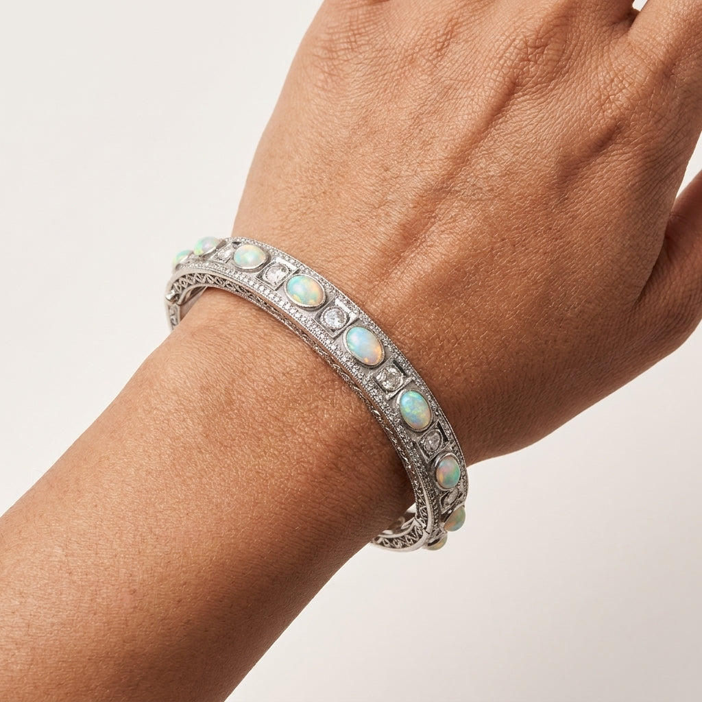 Mughal-inspired handcrafted bracelet with Diamonds and Opal gemstones