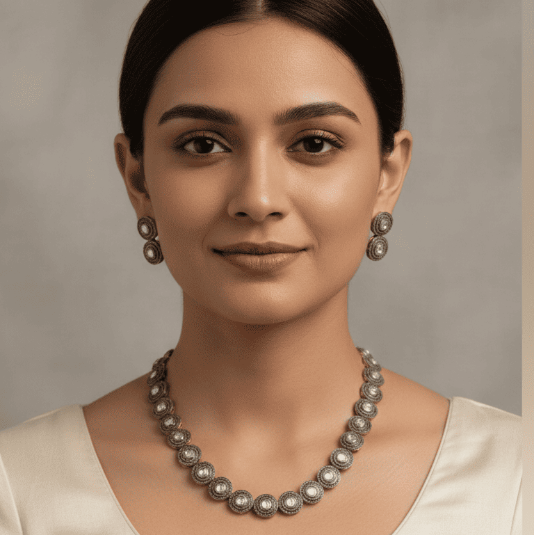 Polki handcrafted necklace and earring set worn by model in traditional attire