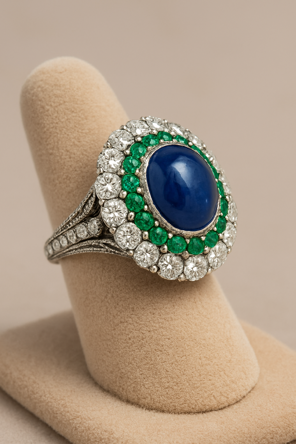 Side-angle close-up of gemstone-studded silver ring in luxury design