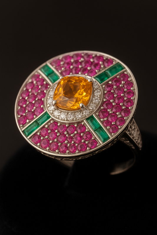 Side-angle close-up of gemstone-studded silver ring with luxury finish