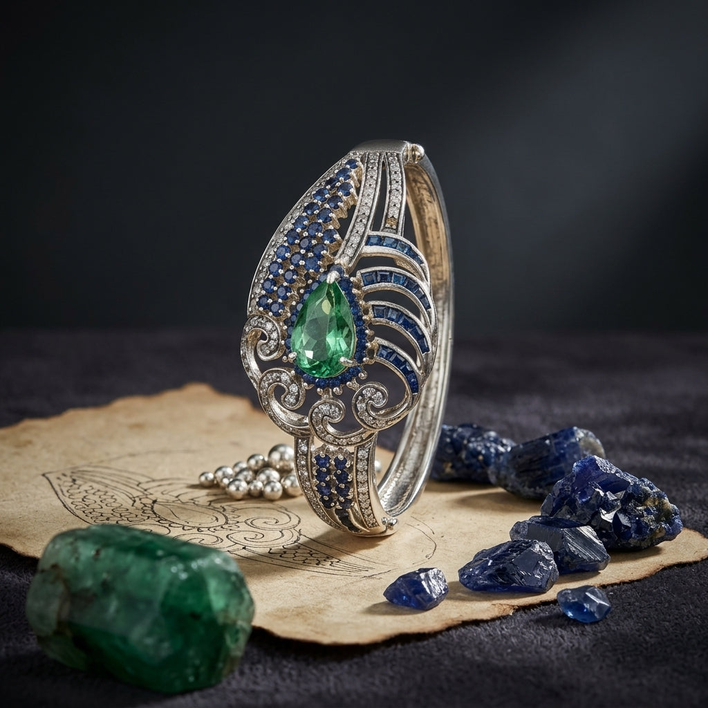 Statement silver bangle with natural fluorite and sapphire gemstones