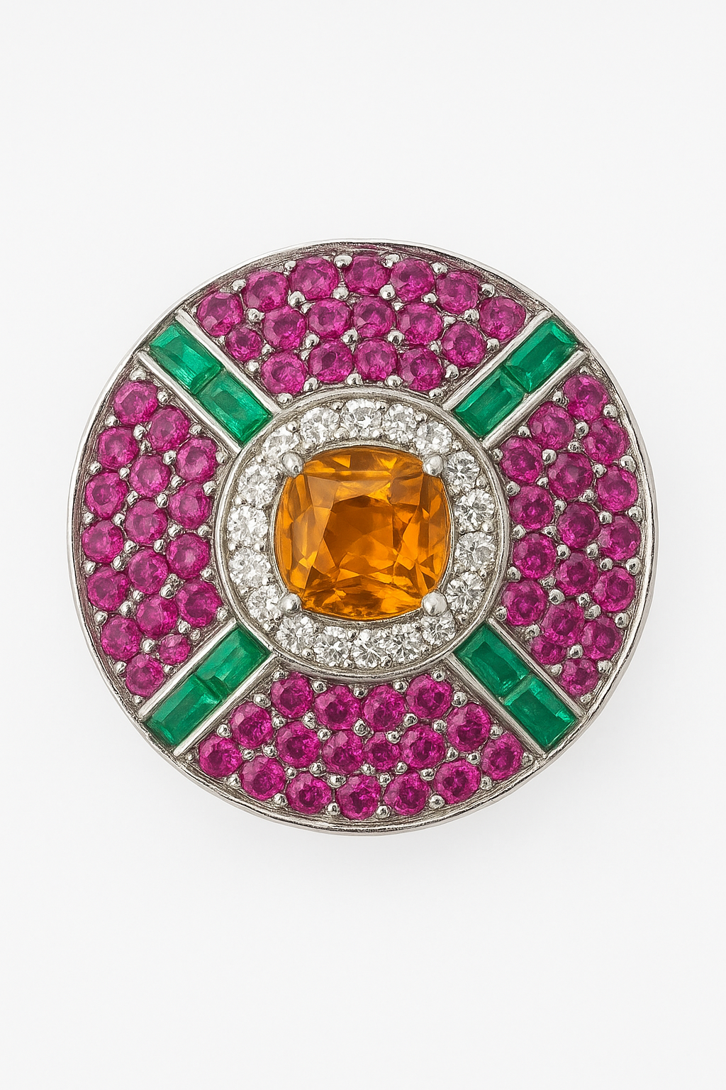 Top view of handmade Sterling Silver 925 ring with citrine, emerald, ruby, and diamond