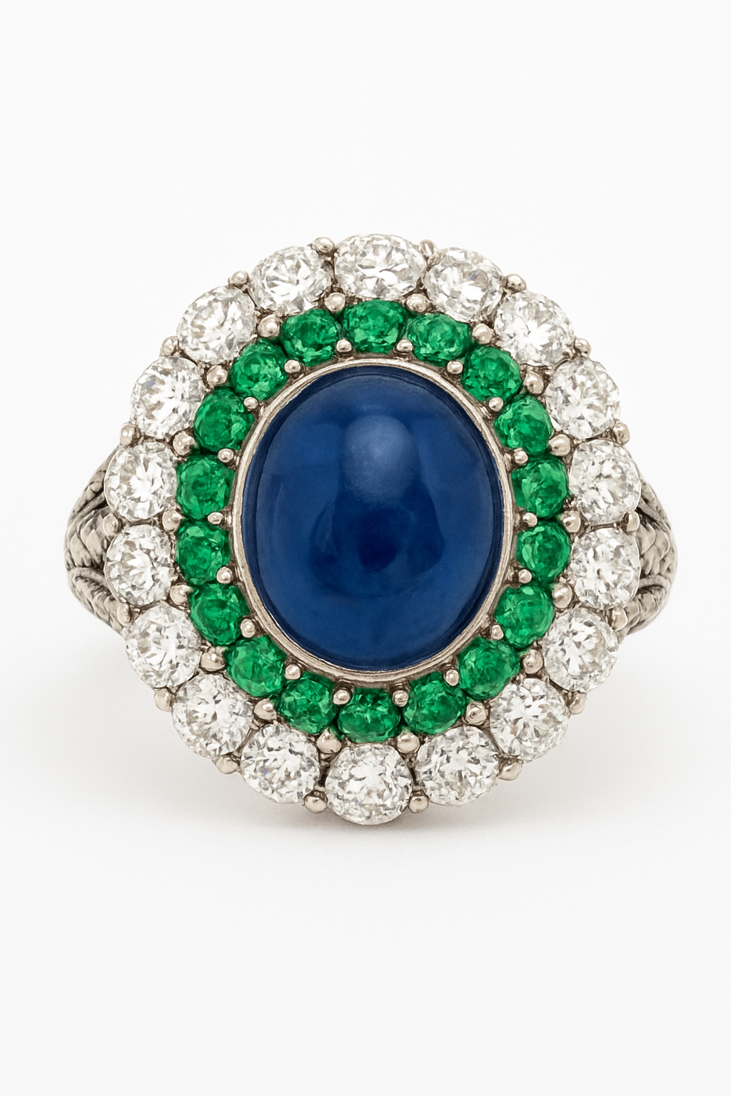 Top view of handmade Sterling Silver 925 ring with emerald, sapphire, and diamond