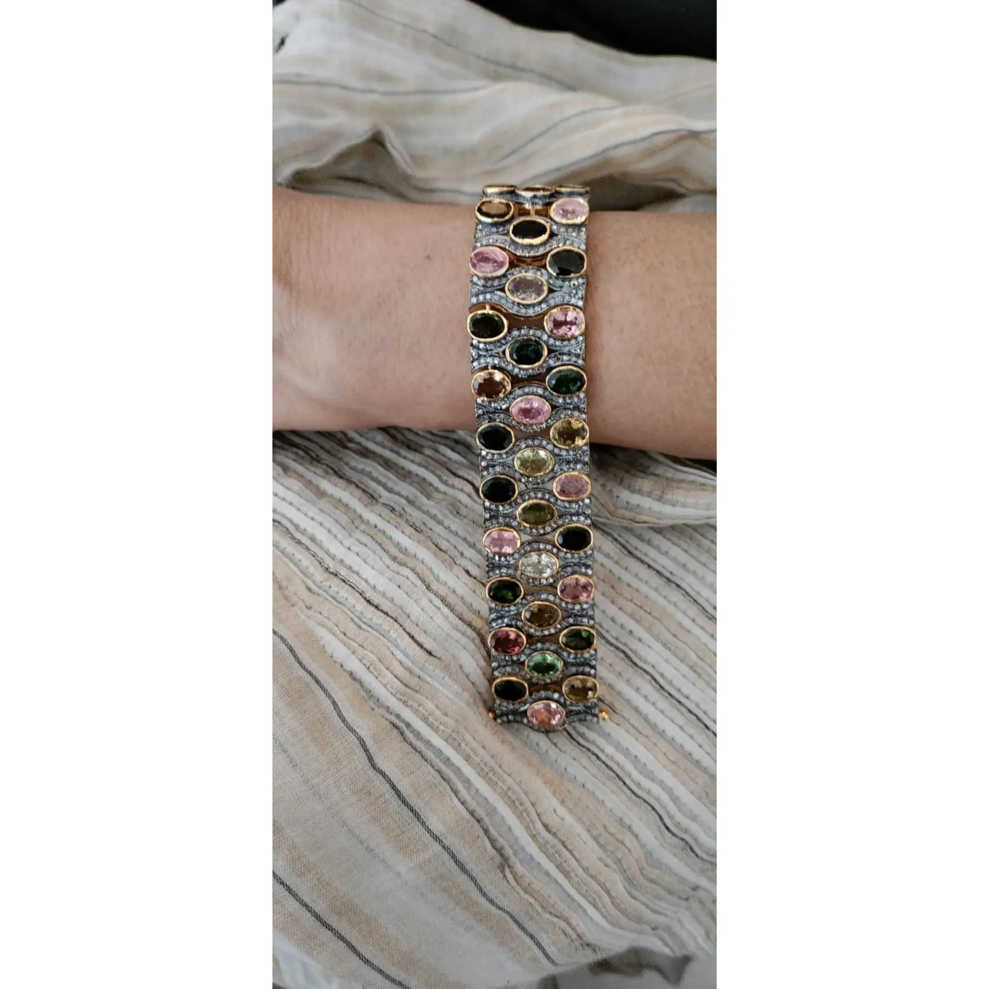 Handcrafted Multi-Tourmaline and Diamond Bracelet in Oxidized Silver