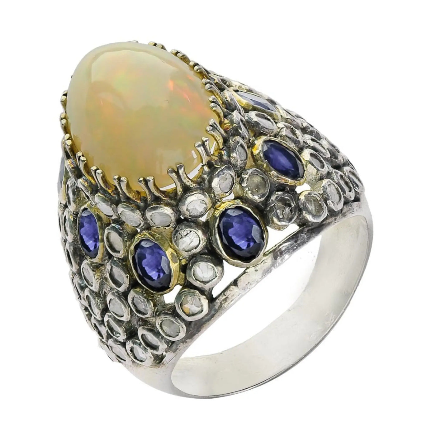 Handcrafted Ethiopian Opal and Sapphire Statement Ring