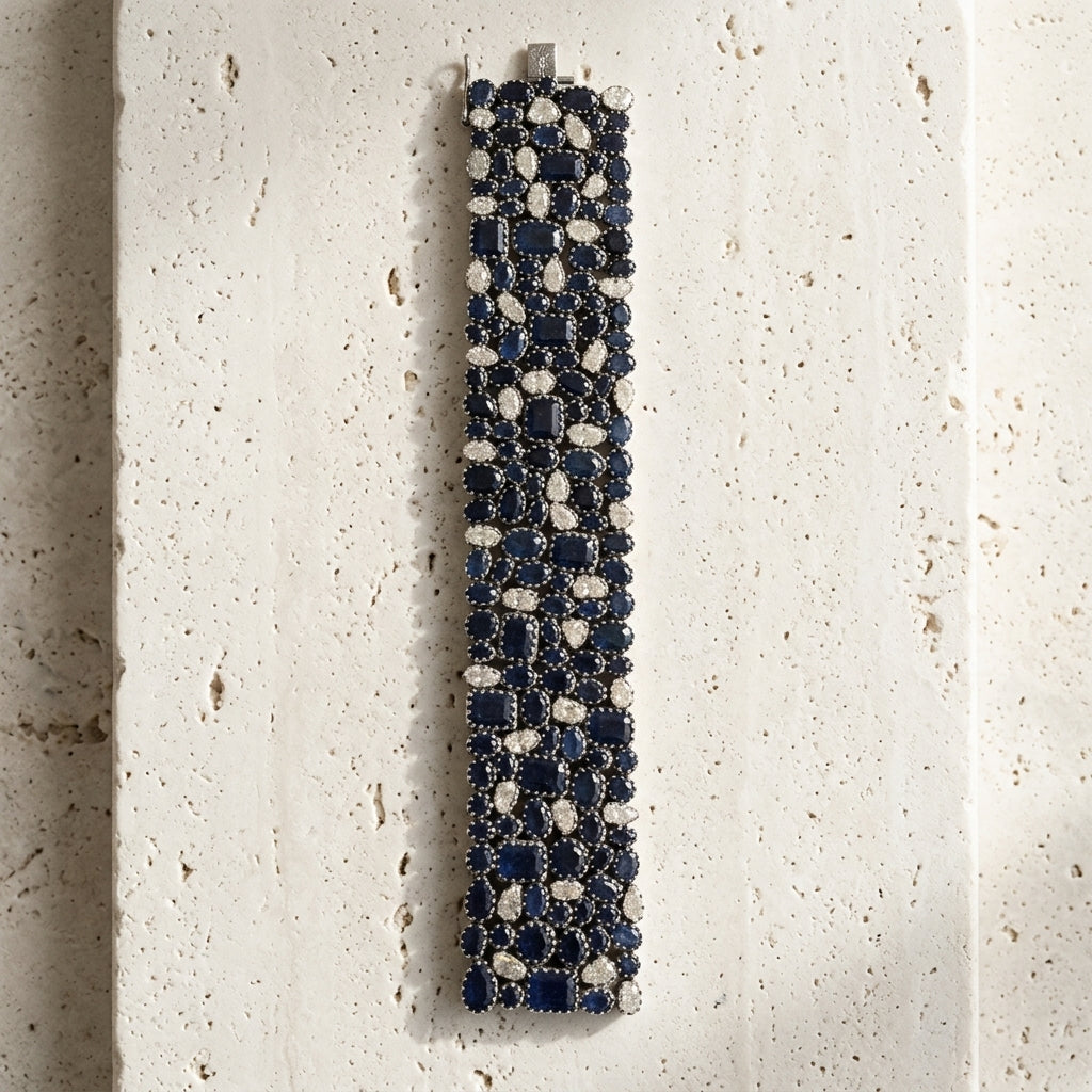 Victorian style silver bracelet with blue sapphire and polki