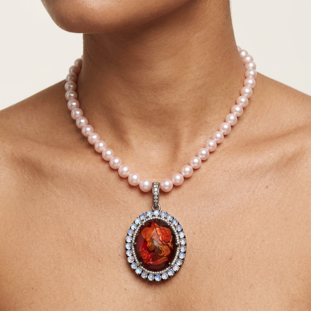 Vintage amber pendant with diamond accents in silver