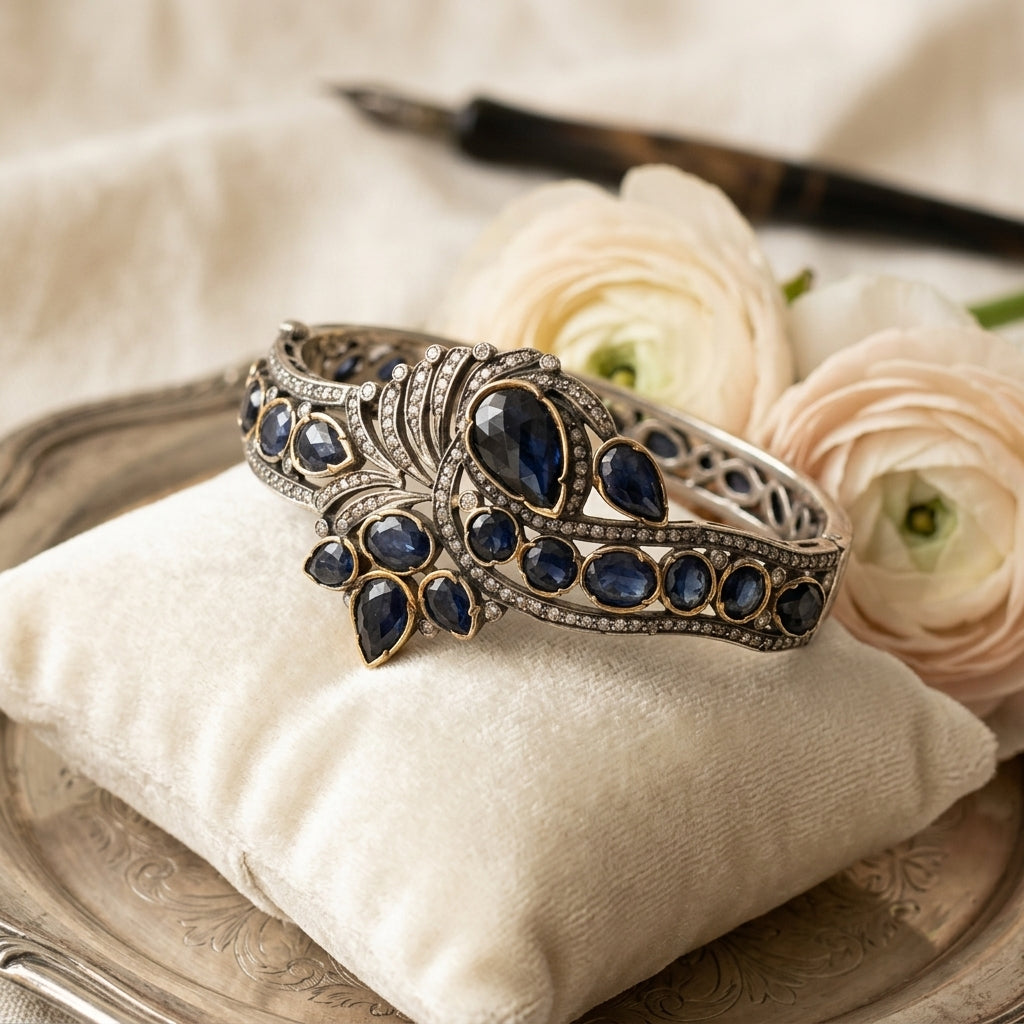 Vintage style silver bangle with Thailand sapphires and diamonds