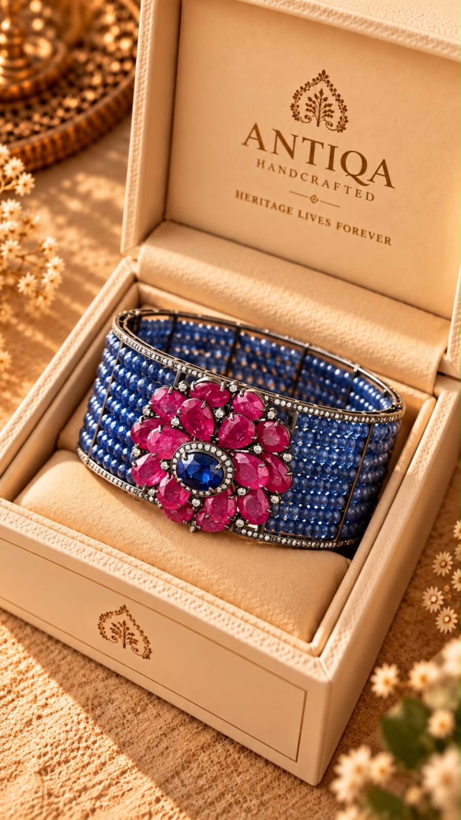 Thai Ruby Floral Cuff Bracelet with Kyanite and Diamonds
