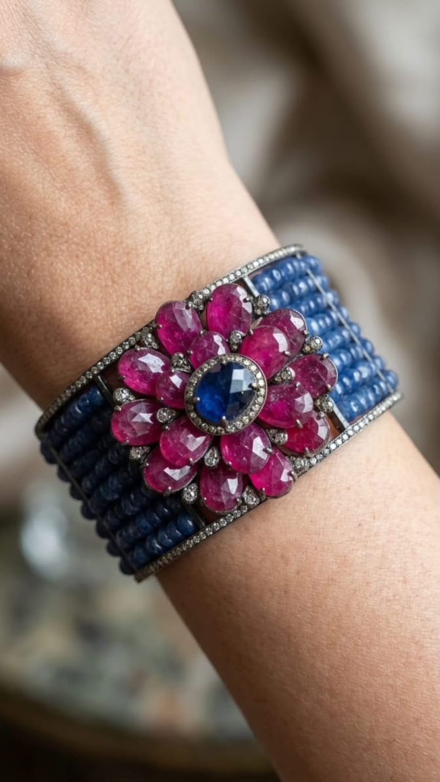 Thai Ruby Floral Cuff Bracelet with Kyanite and Diamonds