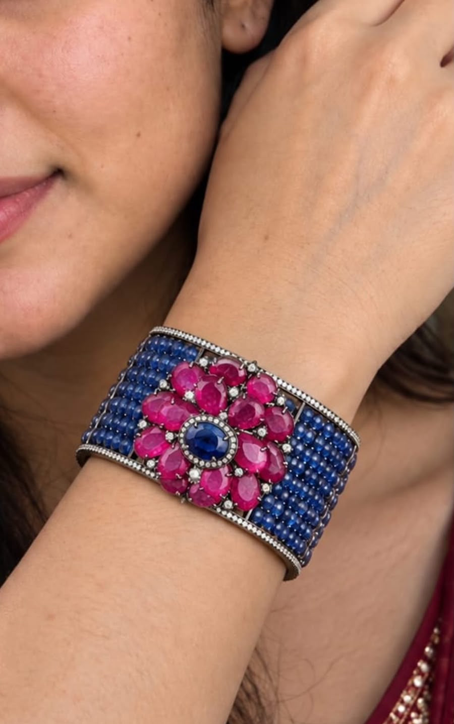 Thai Ruby Floral Cuff Bracelet with Kyanite and Diamonds