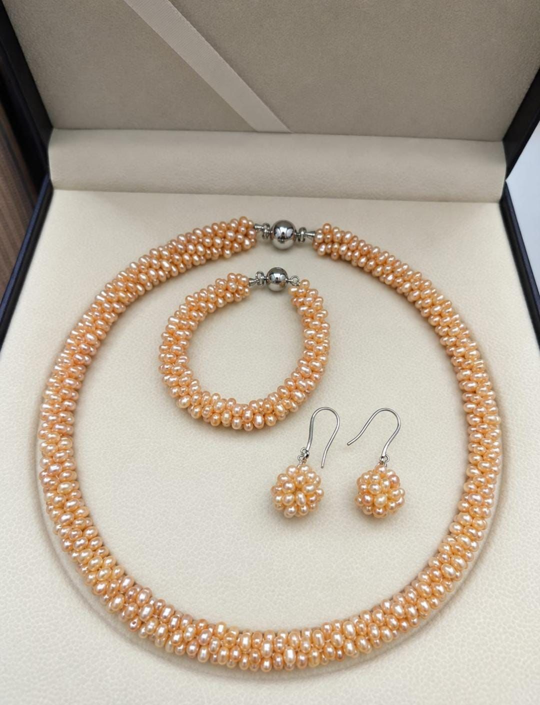 Hand-Woven Freshwater Pearl Necklace, Bracelet & Earring Set