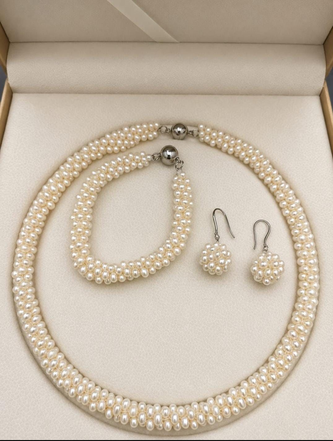 Hand-Woven Freshwater Pearl Necklace, Bracelet & Earring Set