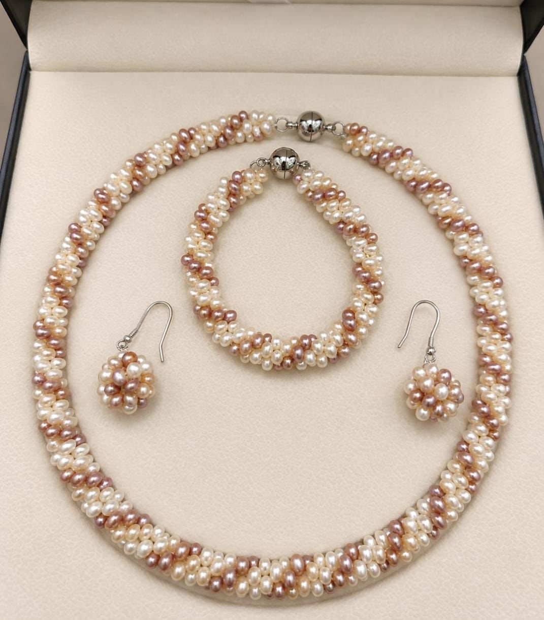 Hand-Woven Freshwater Pearl Necklace, Bracelet & Earring Set