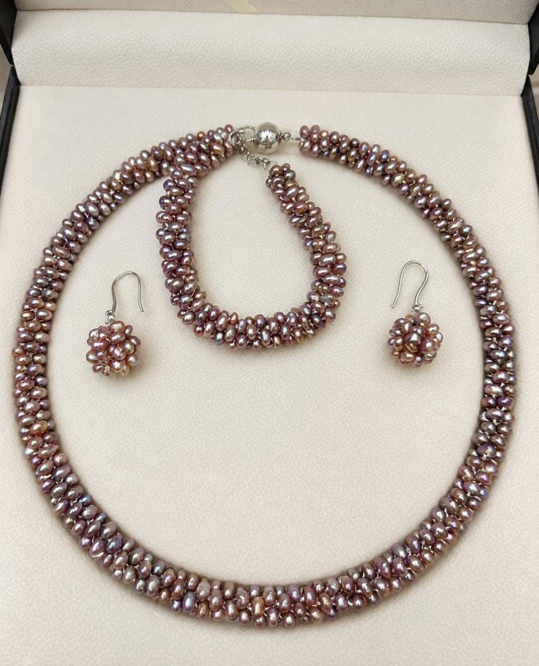 Hand-Woven Freshwater Pearl Necklace, Bracelet & Earring Set