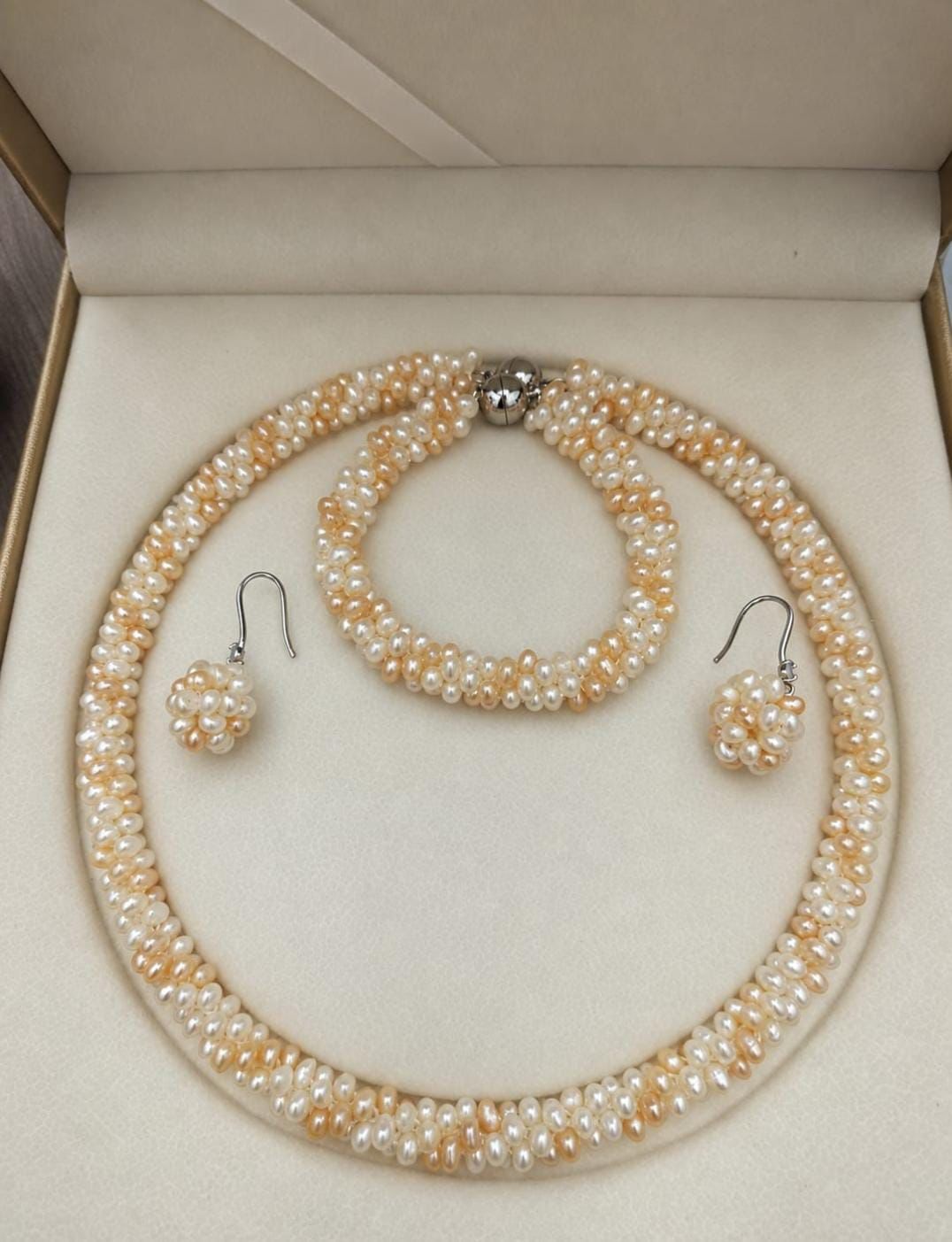 Hand-Woven Freshwater Pearl Necklace, Bracelet & Earring Set