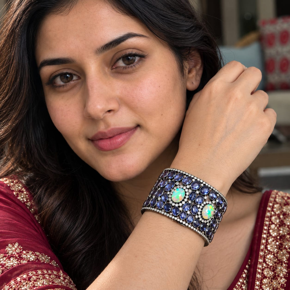 Midnight Majesty: Opal & Iolite Statement Cuff Bracelet