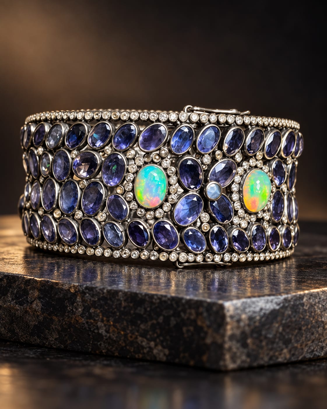 Midnight Majesty: Opal & Iolite Statement Cuff Bracelet